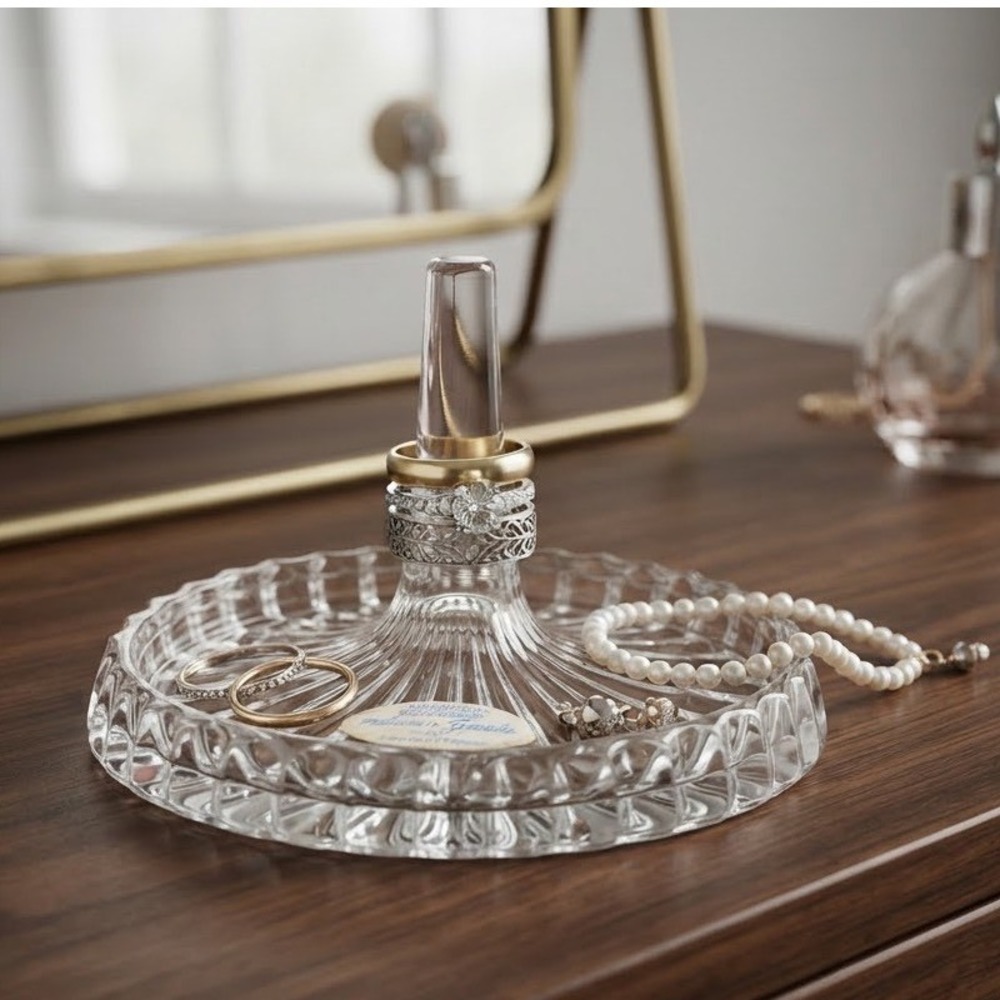 Fostoria Avon Glass Ring Holder Dish Vintage 1980 Clear Sunburst Jewelry Tray